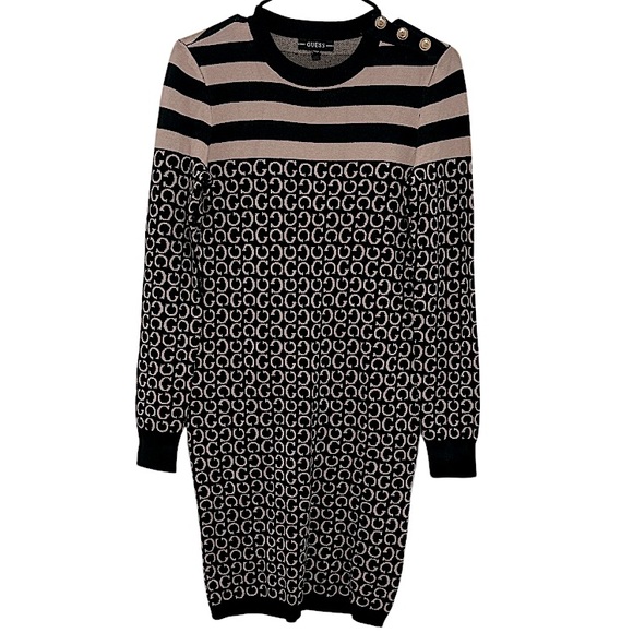 GUESS Womens Bodycon Stretch Knit Sweater Dress BLACK/LIGHT RUM G LOGO Sz M NWOT - Picture 1 of 15